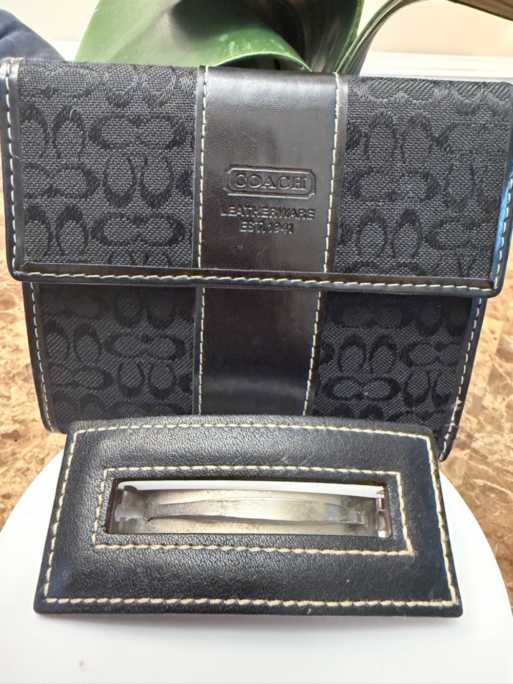 SOLD ‼️‼️Coach Signature Jacquard Tri-fold Wallet with Coach Leather Barrette - Picture 4 of 16